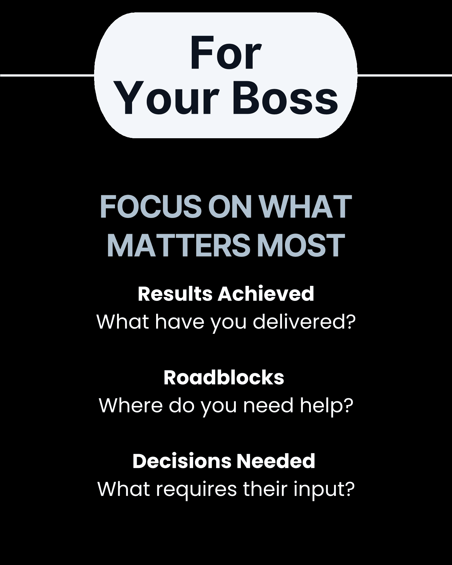 “For Your Boss — FOCUS ON WHAT MATTERS MOST”: Results Achieved (What have you delivered?), Roadblocks (Where do you need help?), and Decisions Needed (What requires their input?).