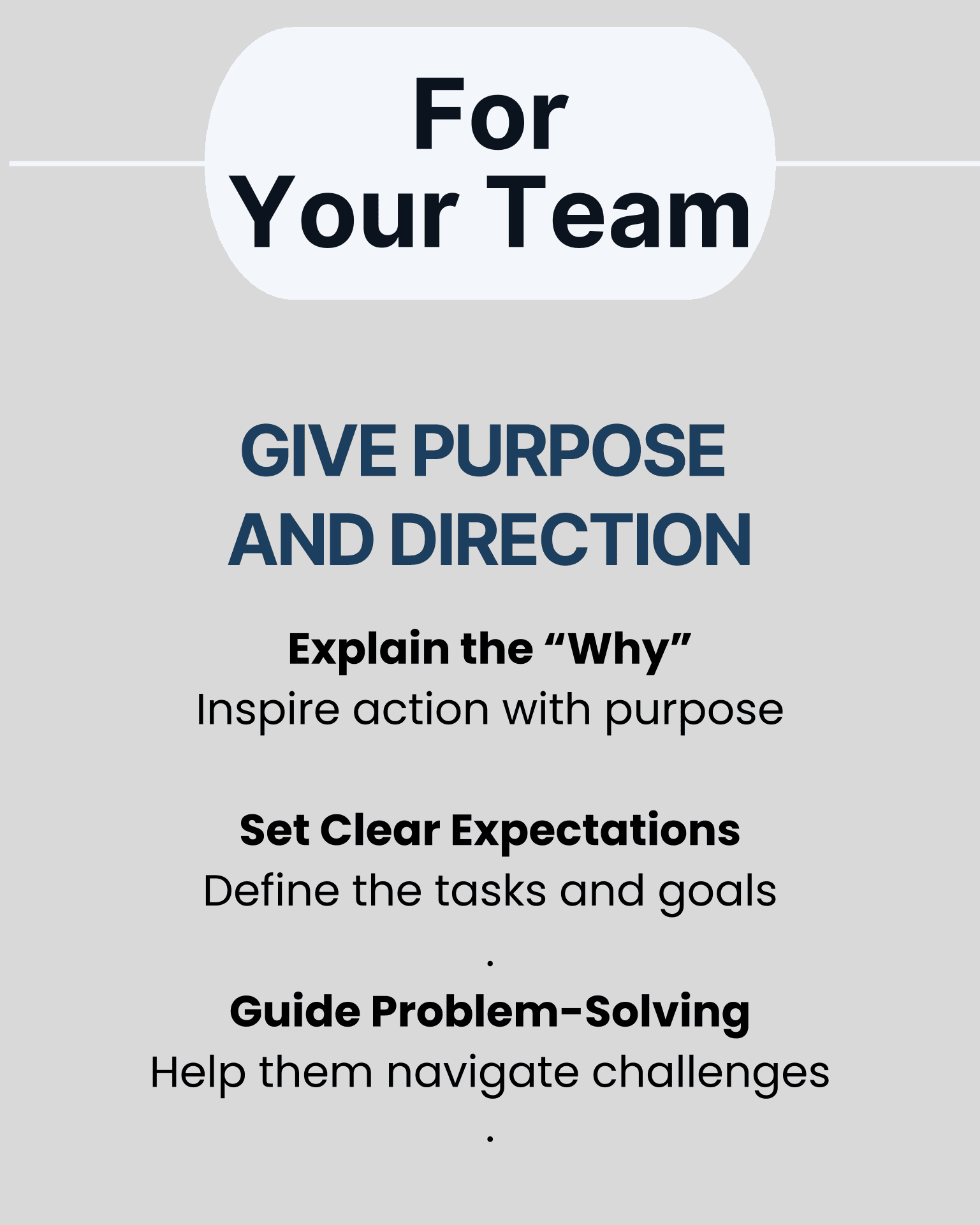 “For Your Team — GIVE PURPOSE AND DIRECTION”: Explain the “Why” (Inspire action with purpose), Set Clear Expectations (Define the tasks and goals), and Guide Problem-Solving (Help them navigate challenges).