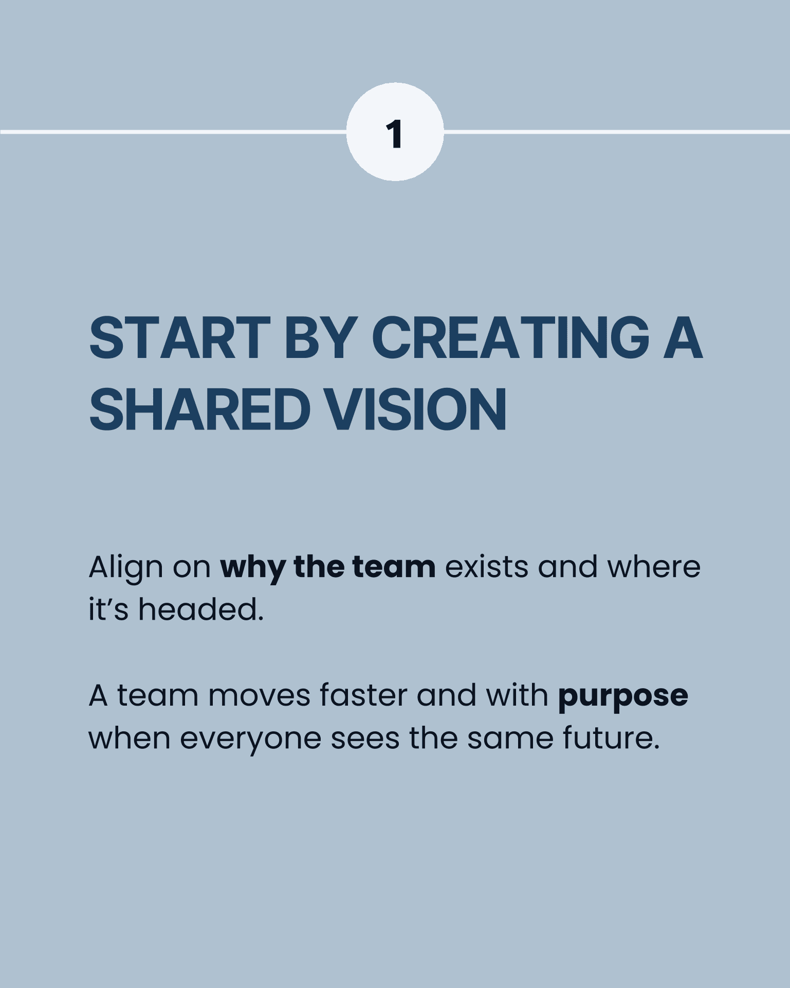 Step 1 — Start by creating a shared vision. Align on why the team exists and where it’s headed. A team moves faster and with purpose when everyone sees the same future.