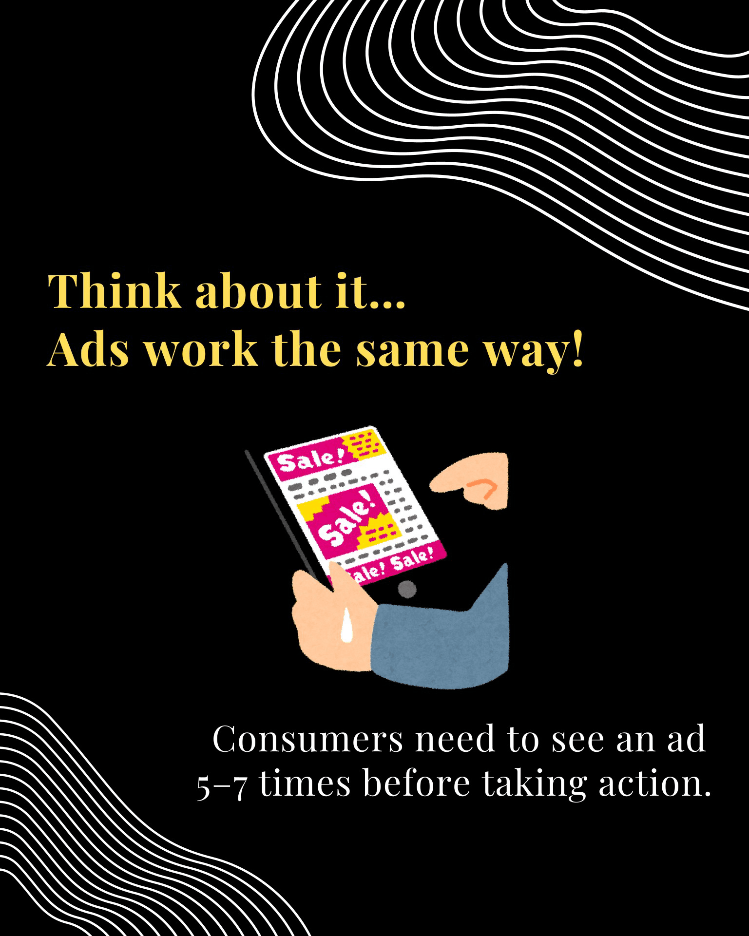 “Think about it… Ads work the same way!” — a person reading a tablet full of “Sale!” ads, with “Consumers need to see an ad 5–7 times before taking action.”