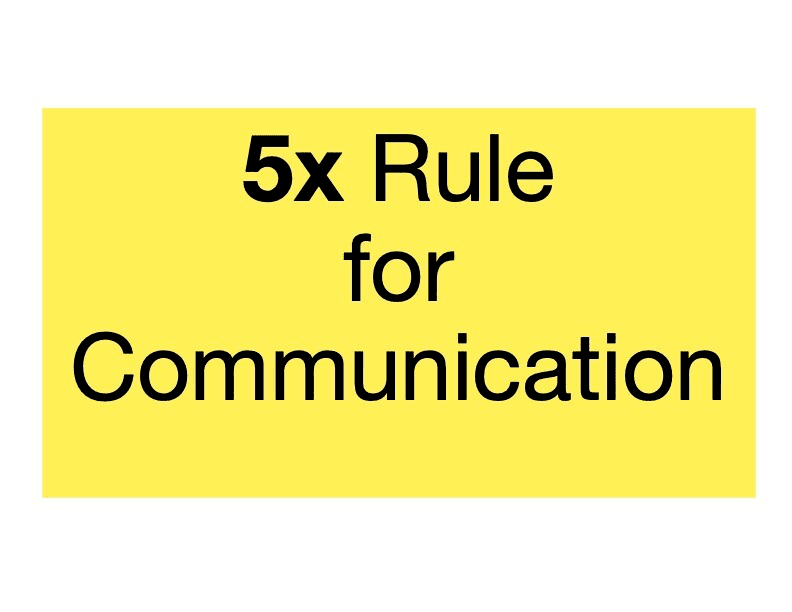 A yellow card with bold black text reading “5x Rule for Communication.”