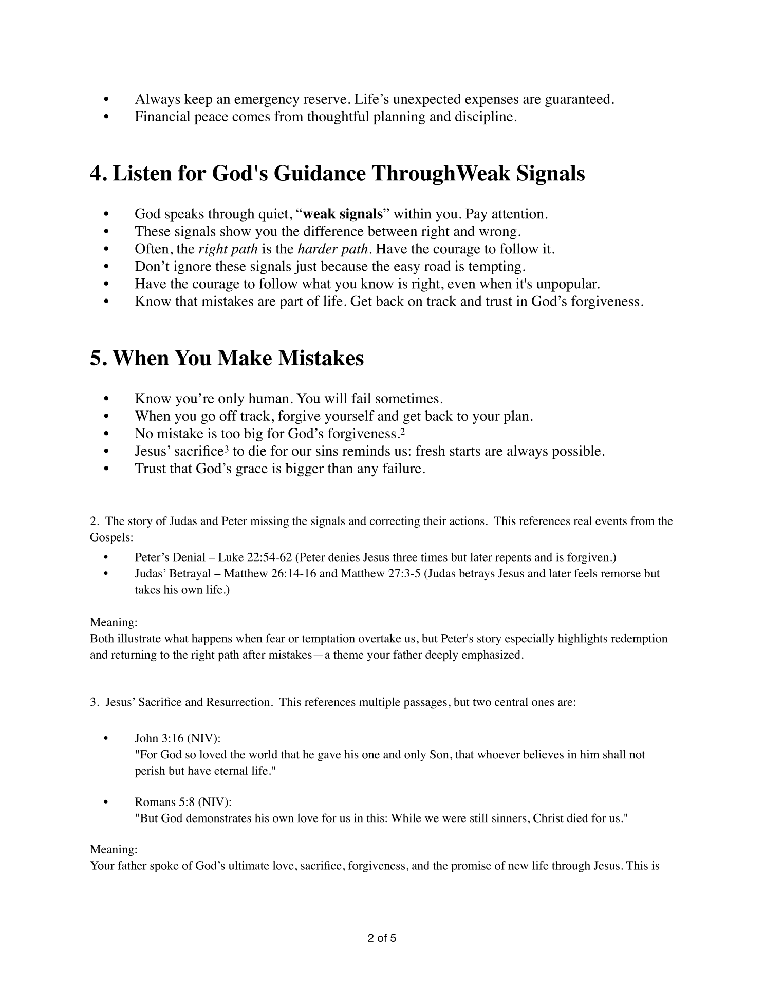 Page 2 — lessons 4. Listen for God’s Guidance Through Weak Signals and 5. When You Make Mistakes, with supporting scripture references on heeding quiet signals and trusting in forgiveness after failure.