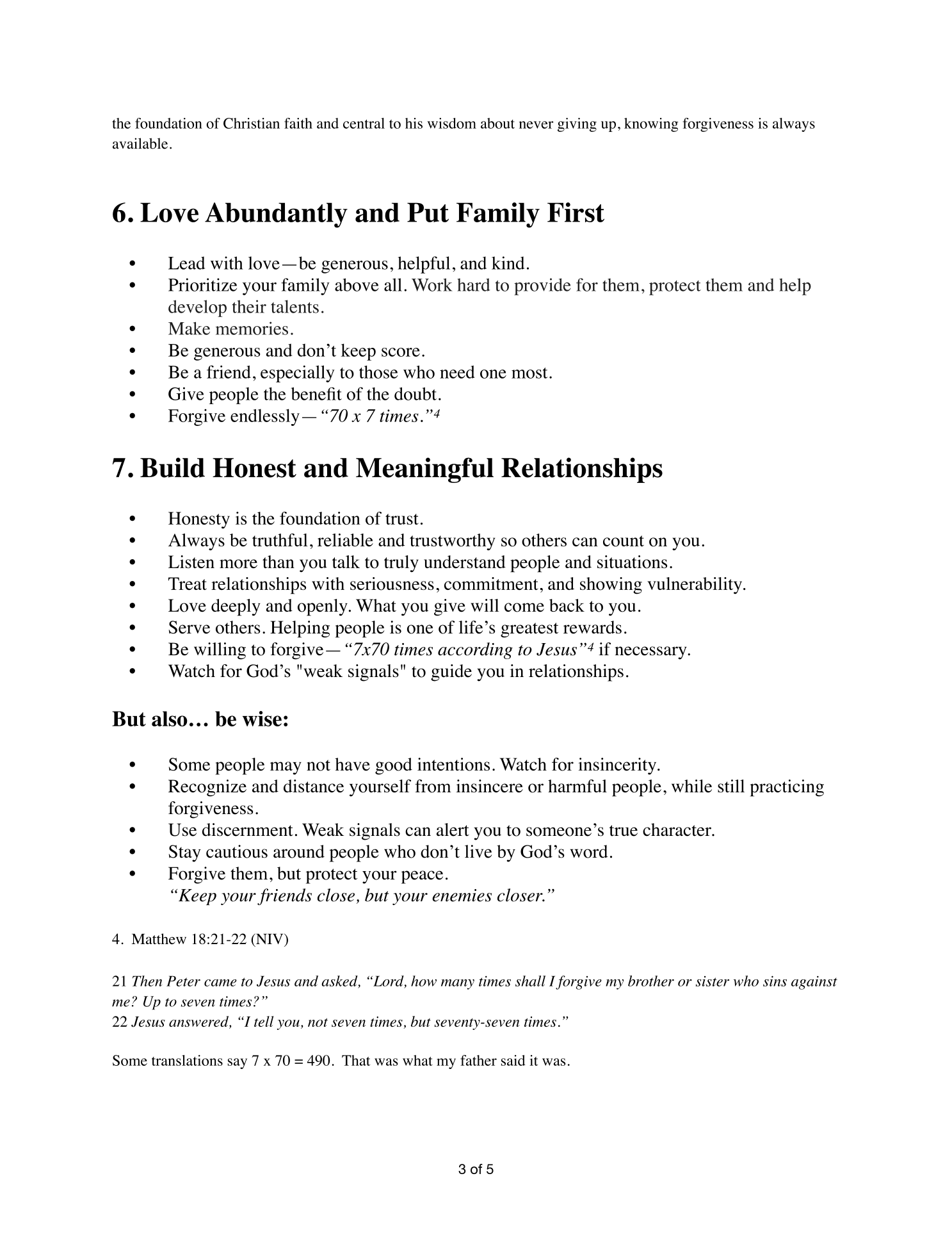 Page 3 — lessons 6. Love Abundantly and Put Family First and 7. Build Honest and Meaningful Relationships, plus a “But also… be wise” section on discernment, with scripture on forgiving seventy times seven.