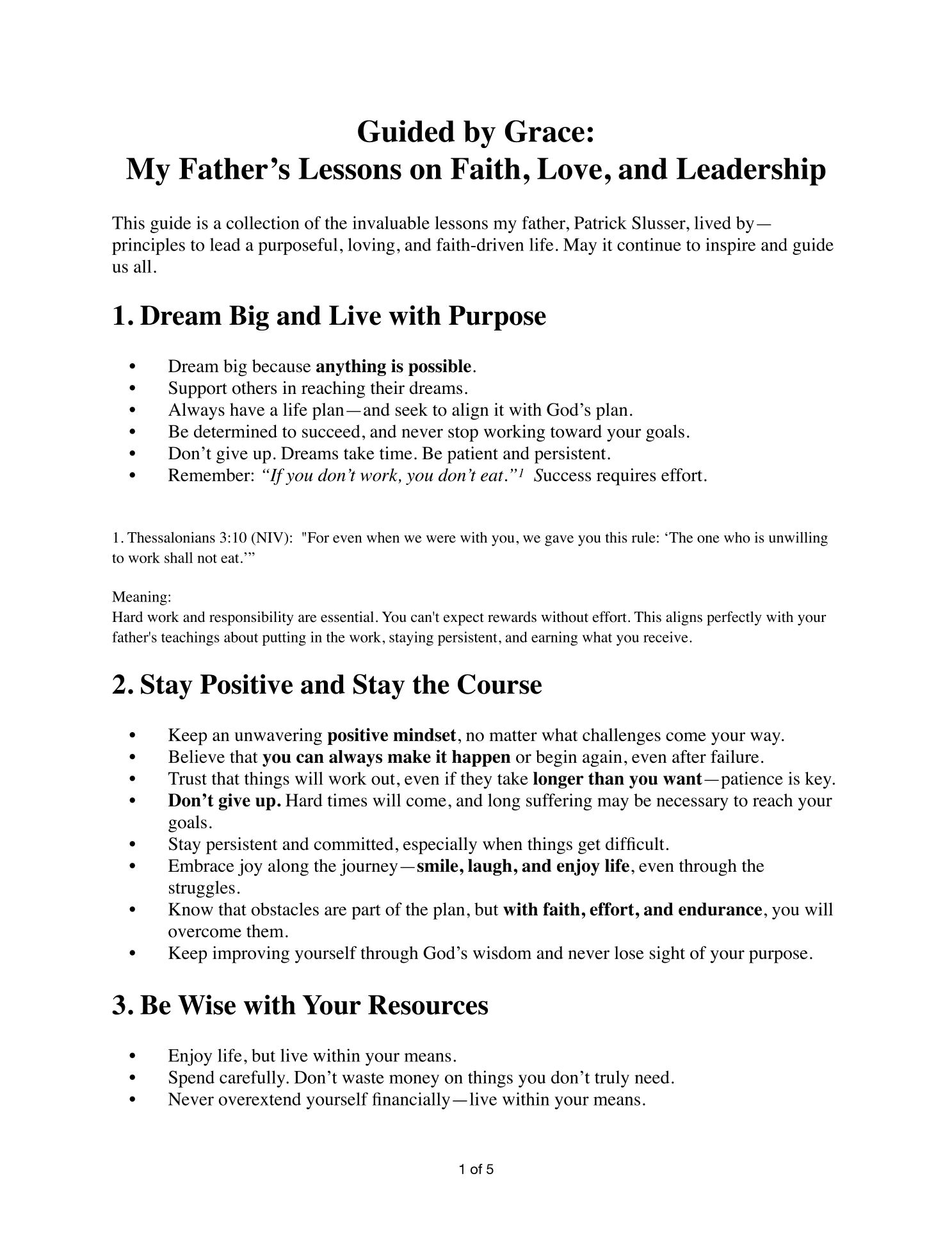 Page 1 of “Guided by Grace: My Father’s Lessons on Faith, Love, and Leadership” — an intro describing it as a collection of lessons Patrick Slusser lived by, followed by lessons 1. Dream Big and Live with Purpose, 2. Stay Positive and Stay the Course, and 3. Be Wise with Your Resources.