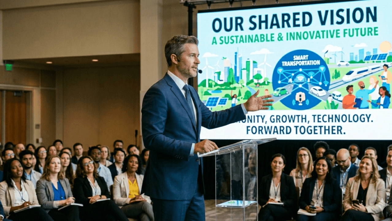 A leader presenting on stage to a large seated audience, in front of a screen reading “OUR SHARED VISION — A sustainable & innovative future” and “Community, growth, technology. Forward together.”