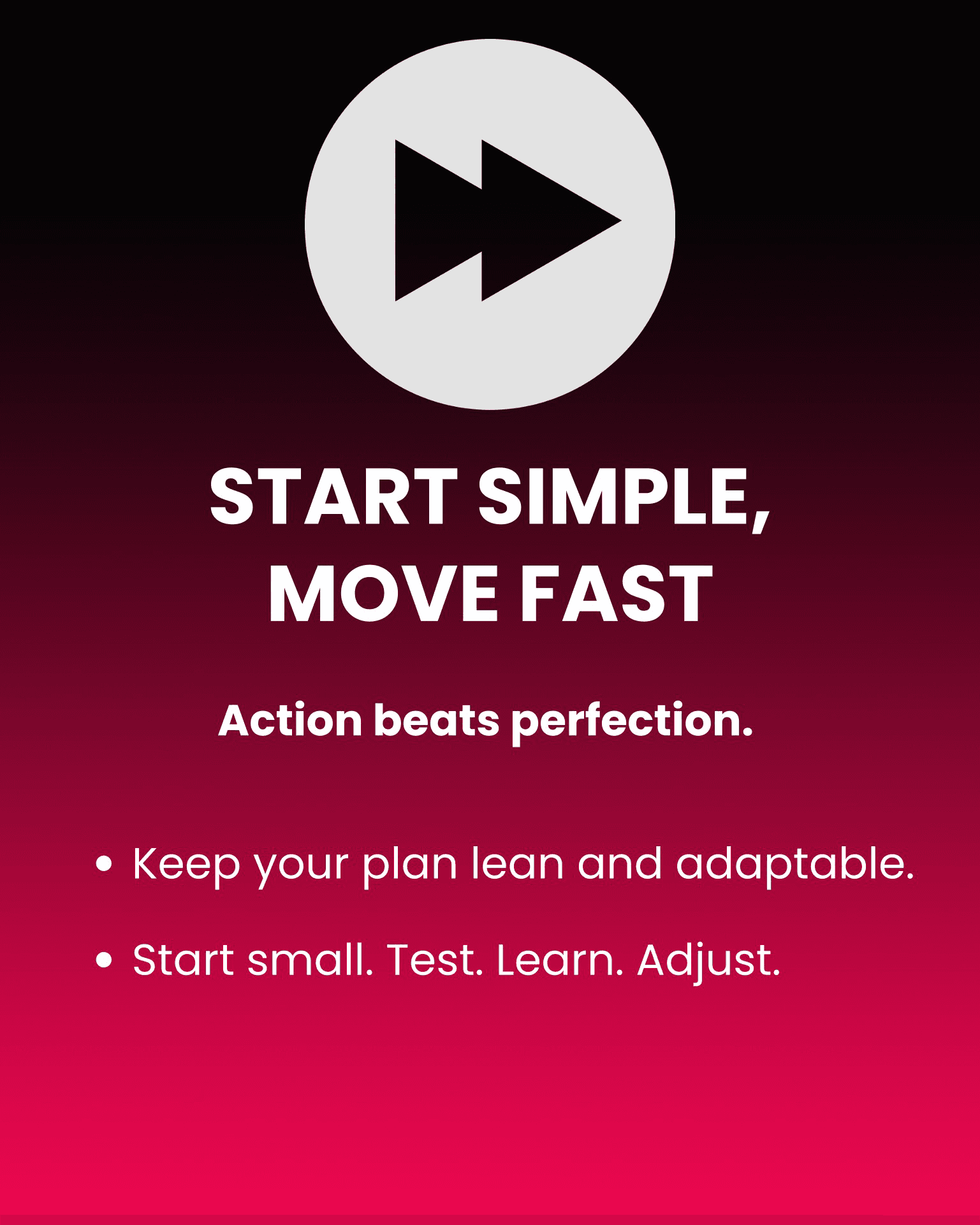 Step “Start Simple, Move Fast” — a fast-forward icon, with the line “Action beats perfection.” and bullets to keep your plan lean and adaptable and to start small, test, learn, and adjust.